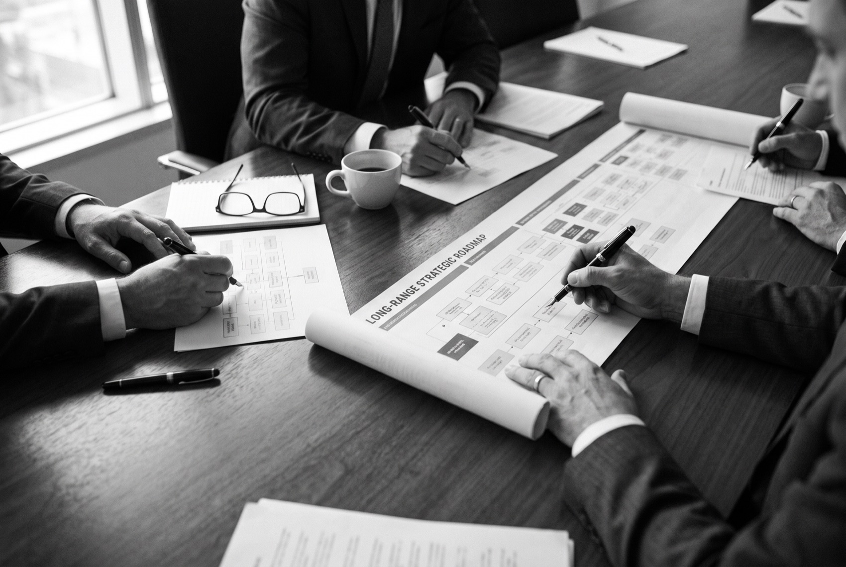 A Helicon working session: hands annotating a long-range strategic roadmap on a boardroom table