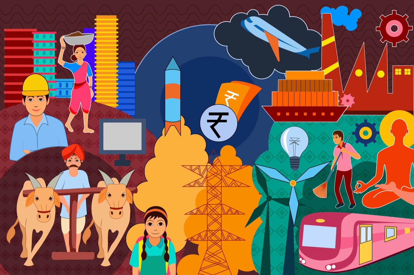 Colorful illustration of the Indian economy: agriculture, industry, technology, energy and transport
